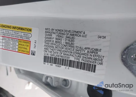 2024 Honda Civic Sport из США, поврежденный, VIN 19XFL2H87RE025361